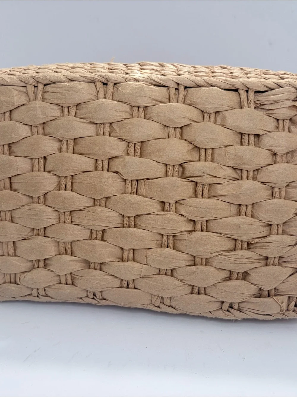 Woven Straw Tote Handbag with Brown Leather Trim